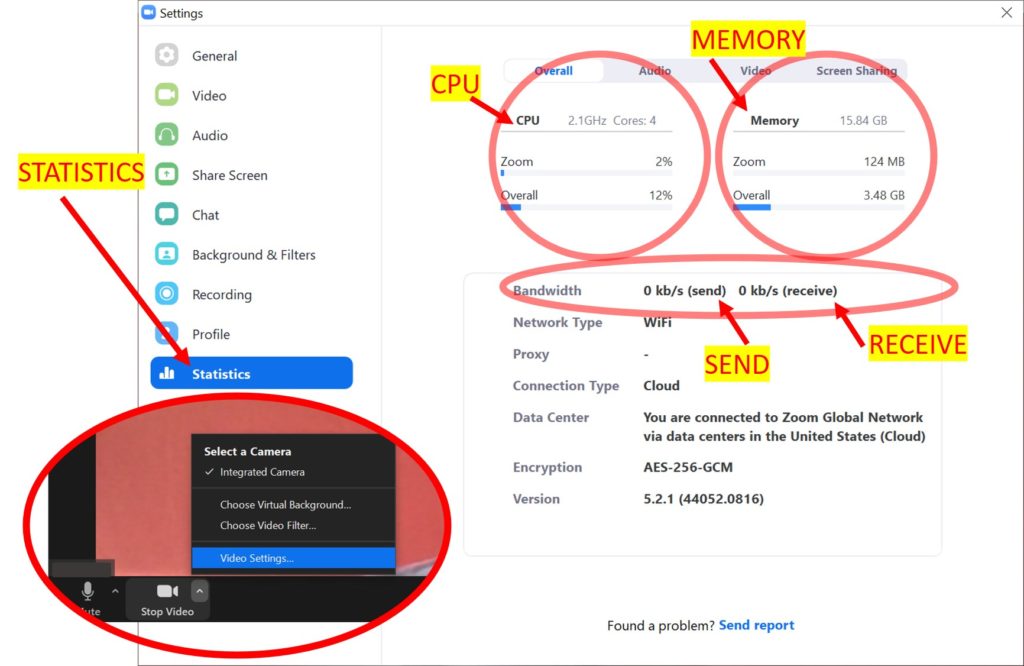 Troubleshooting Zoom Audio tips using the Statistics found under Video Settings