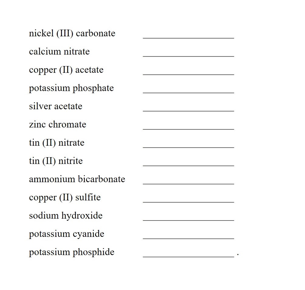 Polyatomic Ions List and Worksheet Exercise 3 nickel (III) carbonate calcium nitrate copper (II) acetate potassium phosphate silver acetate zinc chromate tin (II) nitrate tin (II) nitrite ammonium bicarbonate copper (II) sulfite sodium hydroxide potassium cyanide potassium phosphide